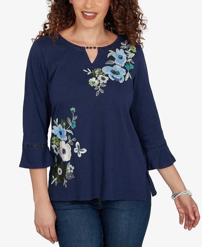 Alfred Dunner Women's Indigo Girls Asymmetric Sequin Flowers Knit Top
