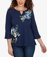 Alfred Dunner Women's Indigo Girls Asymmetric Sequin Flowers Knit Top
