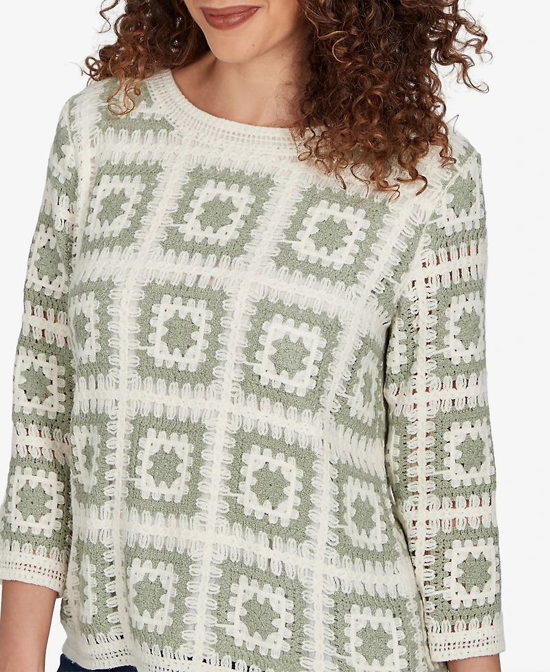 Alfred Dunner Women's Indigo Girls Crochet Squares Top