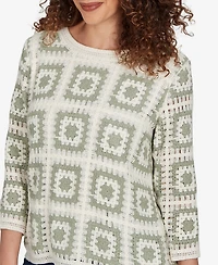 Alfred Dunner Women's Indigo Girls Crochet Squares Top