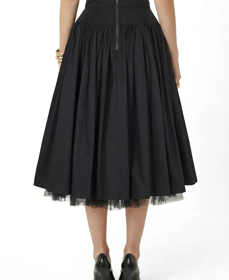 Modenaire Women's High Waist Gathered Tulle Hem Midi Skirt