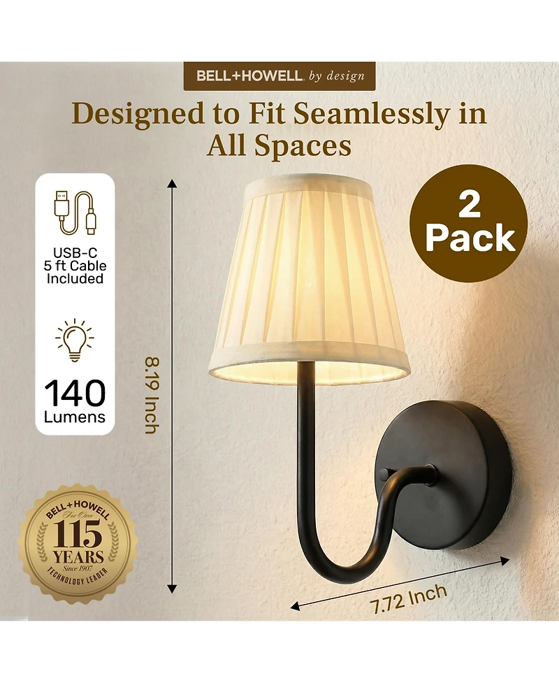 Bell + Howell Set of 2 Folded Pleat Shade Dimmable Led Rechargeable Cordless Touch Control Lights Wall Sconces