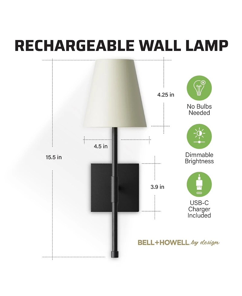 Bell + Howell Fabric Smooth Shade Dimmable Led Rechargeable Cordless Touch Control Lights Wall Sconces