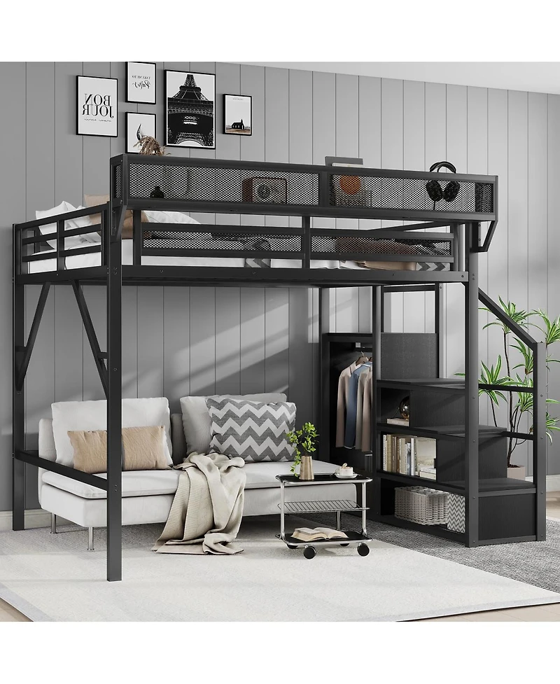Streamdale Furniture Full Size Metal Loft Bed with Stairs, Storage Shelves, and Wardrobe