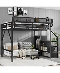 Streamdale Furniture Full Size Metal Loft Bed with Stairs, Storage Shelves, and Wardrobe
