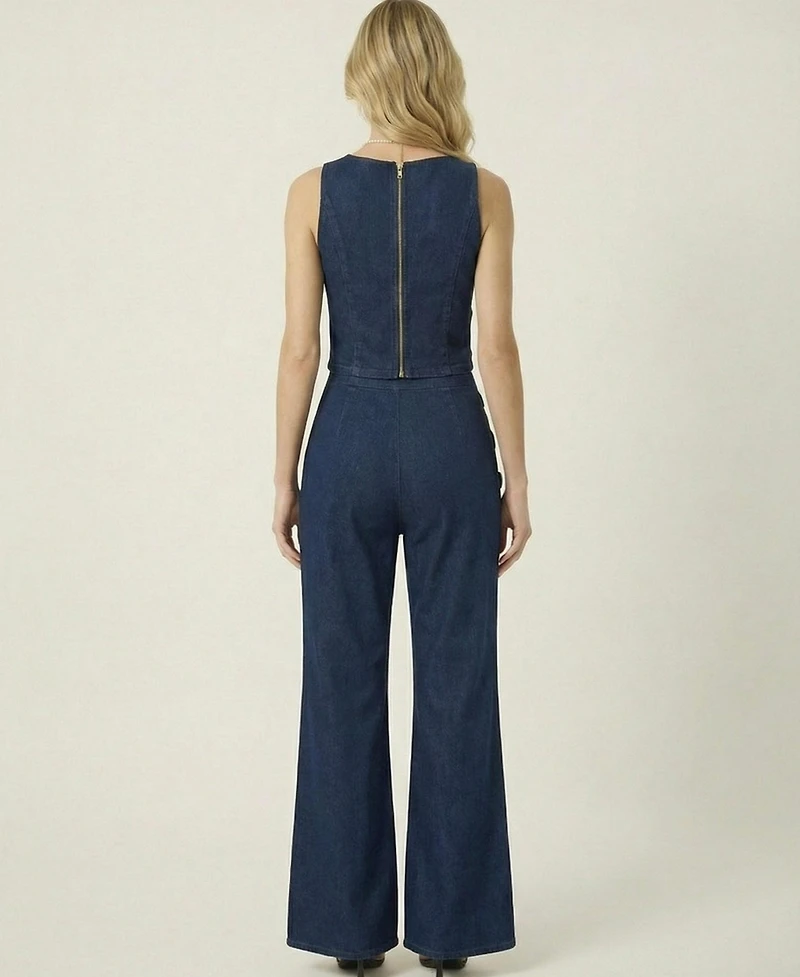 Modenaire Women's Denim Vest Top And Wide-Leg Pant Set