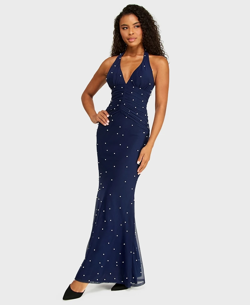B Darlin Juniors' Halter Mesh with Pearls Gown Ruched Bodice