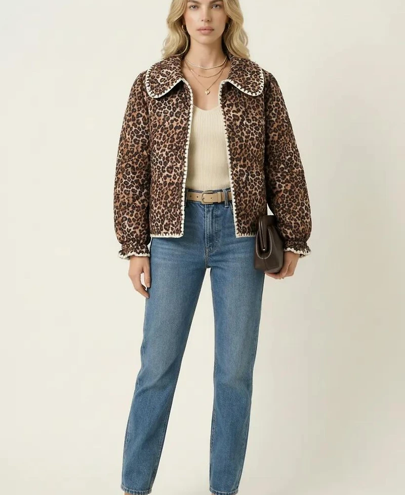 Modenaire Women's Leopard Print Quilted Jacket