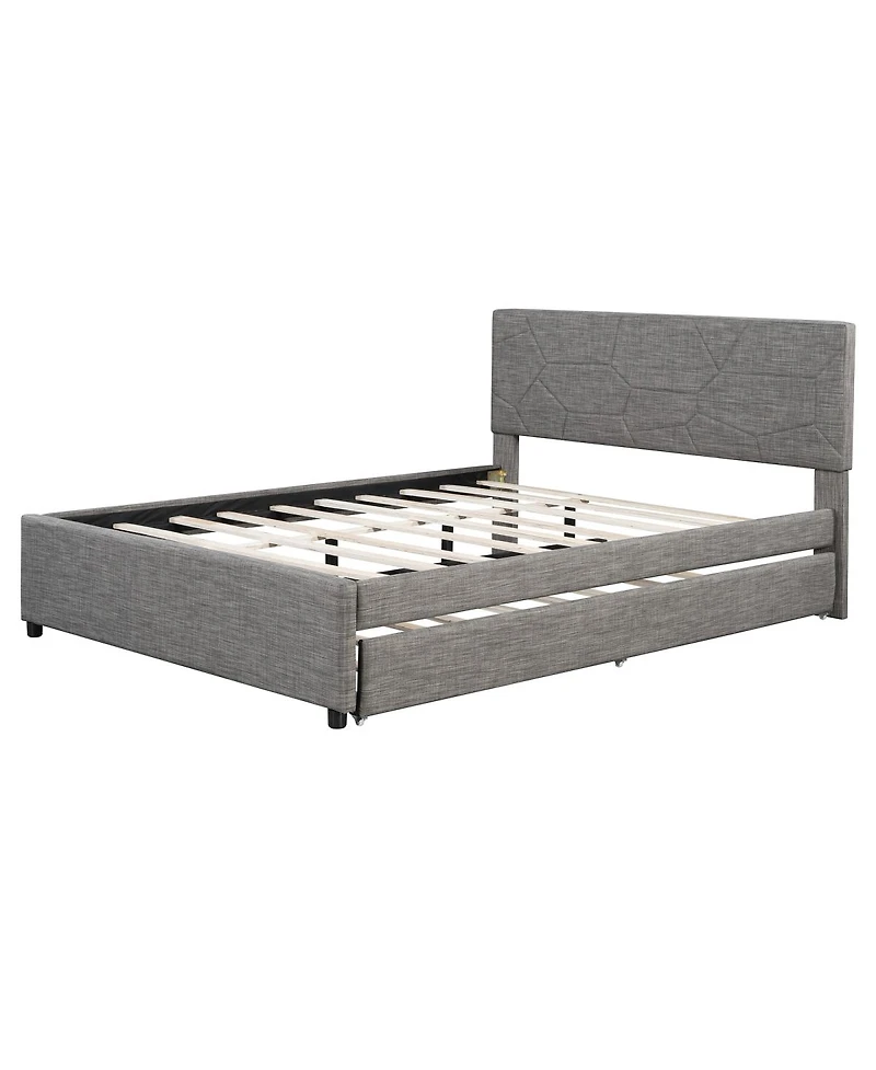 Streamdale Furniture Queen Upholstered Platform Bed with Brick Pattern Headboard and Twin Xl Trundle