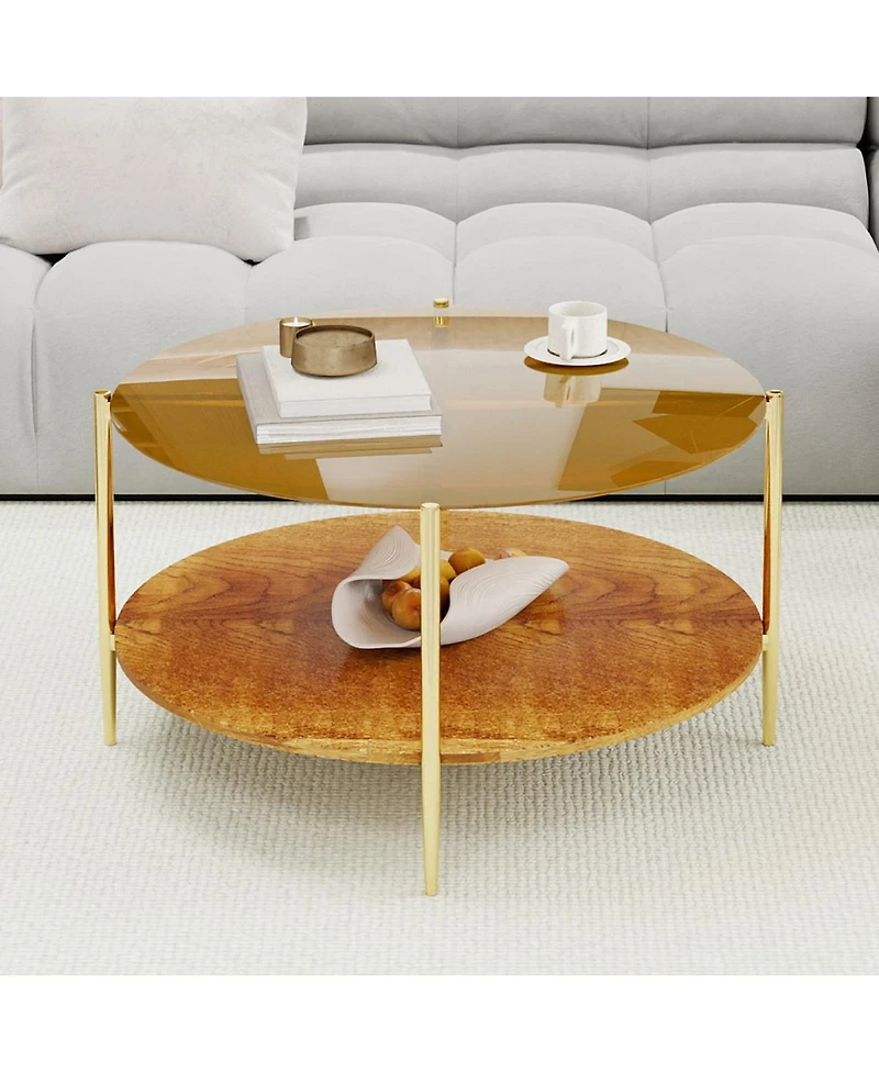 Streamdale Furniture Modern Gold Round Double-Layer Tempered Glass Coffee Table (32.28")
