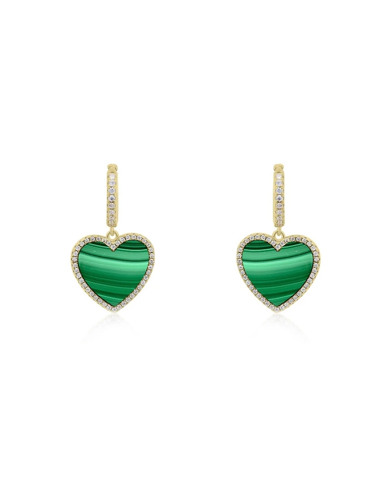 The Lovery Large Malachite Cz Halo Heart Dangle Earrings 14K Gold-Plated Sterling Silver