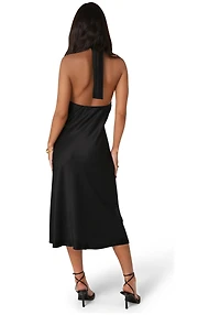 Bebe Women's Satin Halter Front Cowl Neck Midi Dress