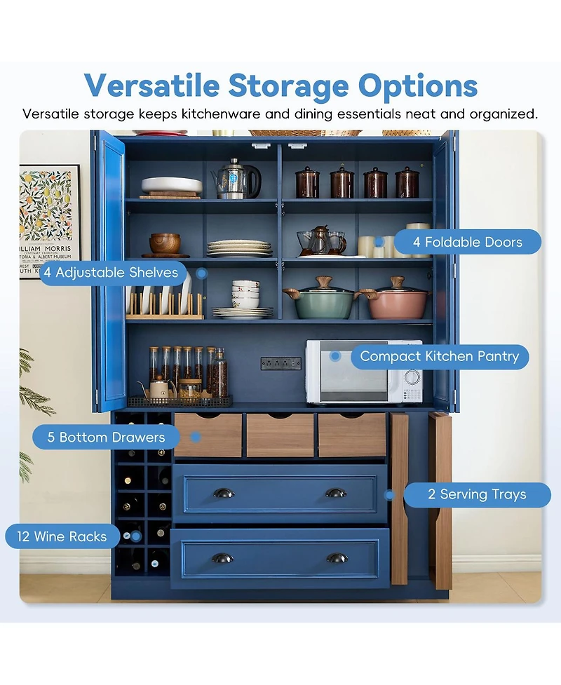 Streamdale Furniture Farmhouse 71''H Large Kitchen Pantry with 4 Foldable Doors and Power Outlet