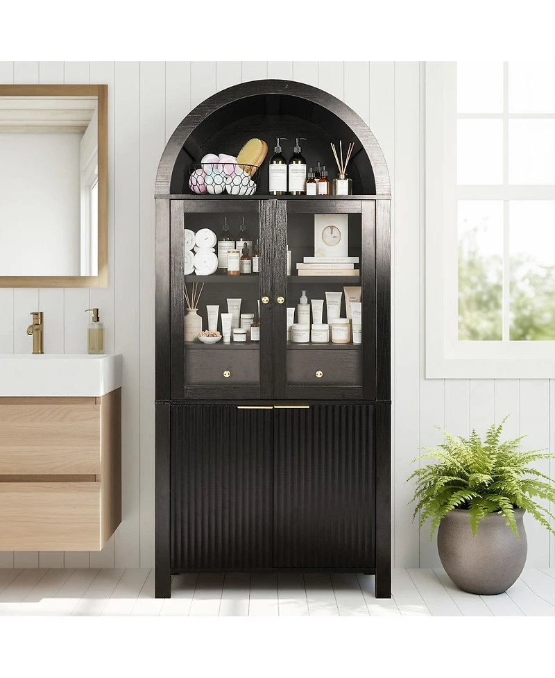 Streamdale Furniture 71" Fluted Arched Pantry Cabinet with Adjustable Shelves and Glass Door