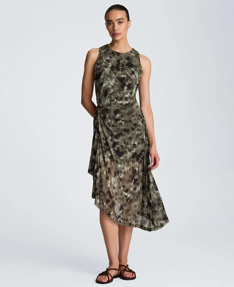 Kenneth Cole Women's Sheer Mesh Overlay Asymmetric Hem Midi Dress