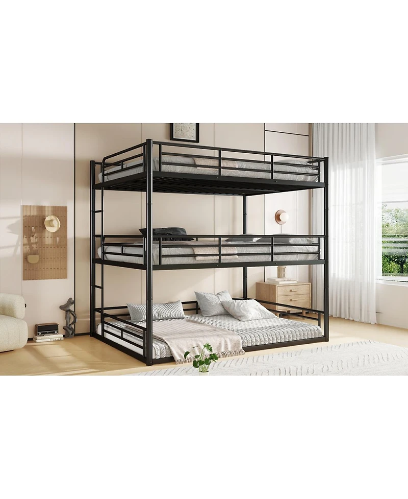 Streamdale Furniture Queen Triple Metal Bunk Bed with Safety Guardrails