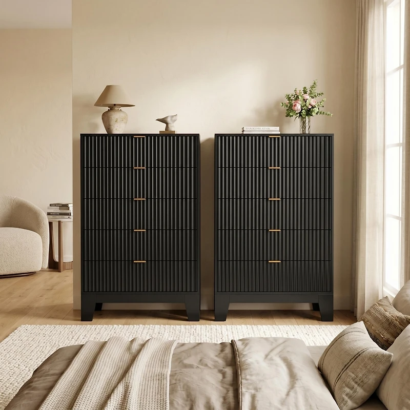 homfan 2 Set of 5 Drawer Dresser with Wave Pattern, Vertical Storage Tower with Gliding Drawers, Versatile Cabinet for Bedroom