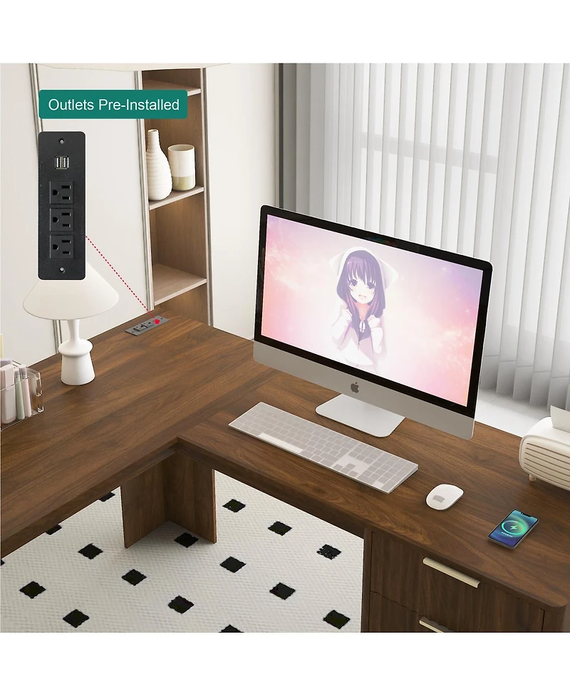 Streamdale L-Shaped Computer Desk with Drawers, Bookshelf