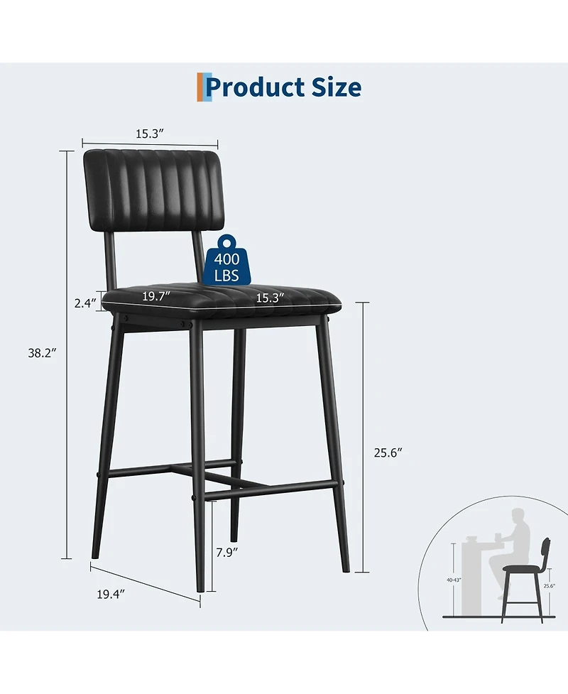 gaomon Set of 6 Black Bar Stools with Back and Footrest, Counter Height, Thick Cushion and Thickened Metal Legs for Kitchen Island or Counter Bar
