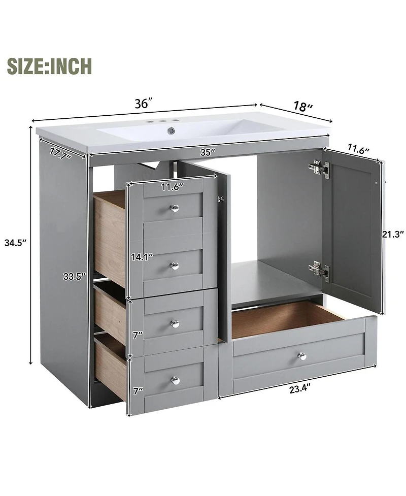 Sillysis 36 Inch Bathroom Vanity with Resin Sink, Shaker Style Mdf Cabinet, 4 Soft Close Drawers, Storage for Small Spaces