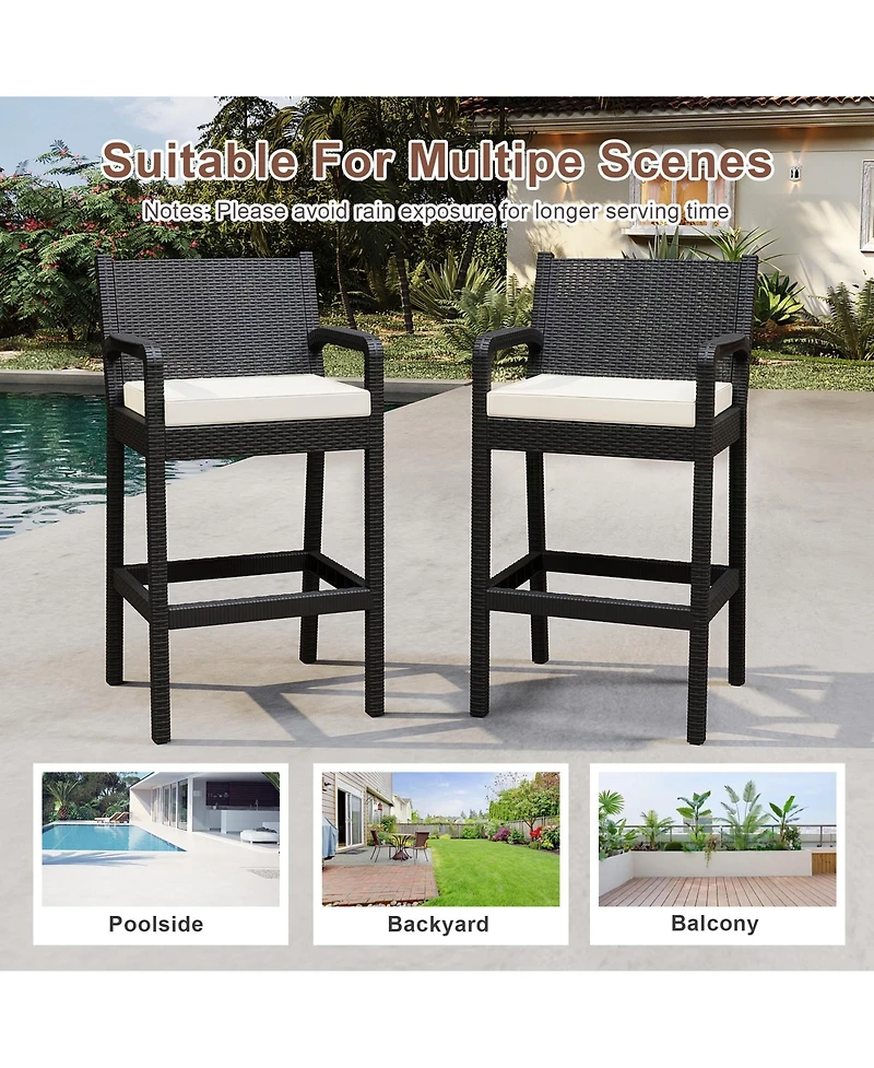 homfan Set of 4 All-Weather Wicker Bar Stools, 30 Inch Patio Height Chairs with Cushions, Ideal for Backyard, Pool, Garden and Balcony