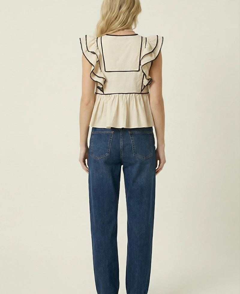 Modenaire Women's Ruffle-Sleeve Contrast-Trim Peplum Top