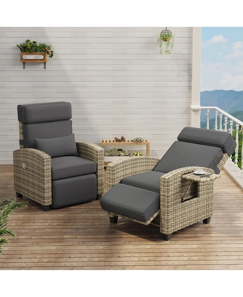 homfan Adjustable 150degree(s) Reclining Rattan Patio Chair – Outdoor Wicker Lounge with Air Pump, Cushion, Turn over-Up Side Table, Footrest