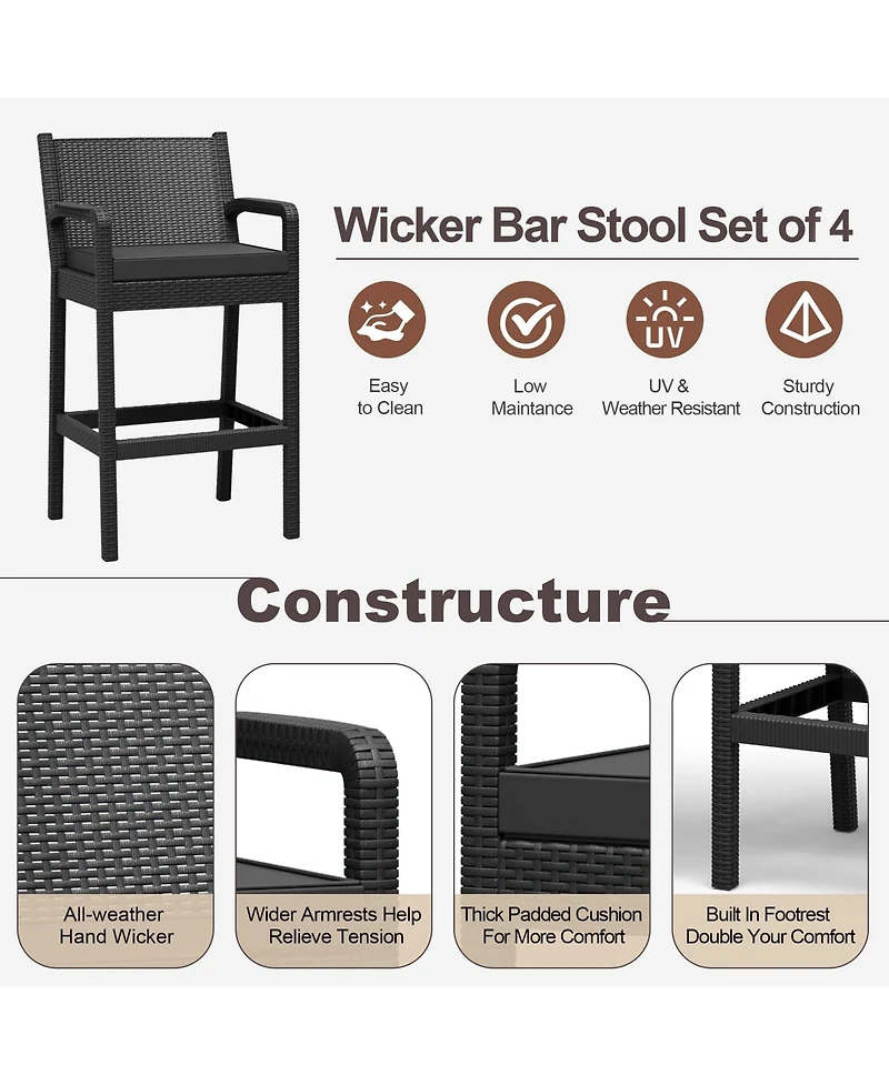 homfan set of 4 patio wicker bar stools with 30" counter height, thick cushions, backrest and footrest, ideal for backyard or pool seating.