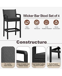 homfan set of 4 patio wicker bar stools with 30" counter height, thick cushions, backrest and footrest, ideal for backyard or pool seating.