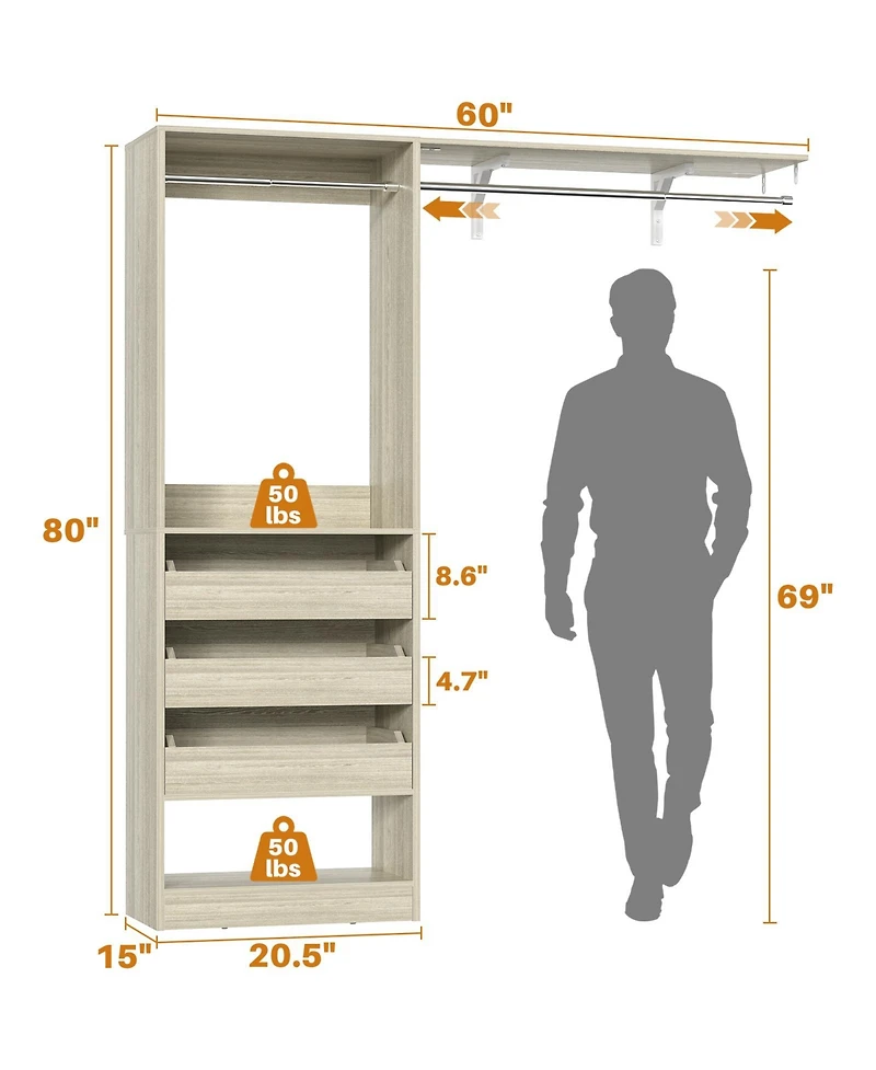 Aheaplus 5 feet Wall Mounted Closet System with Drawers and Shelves, Sturdy Rack 2 Hanging Rods for Closet/Bedroom
