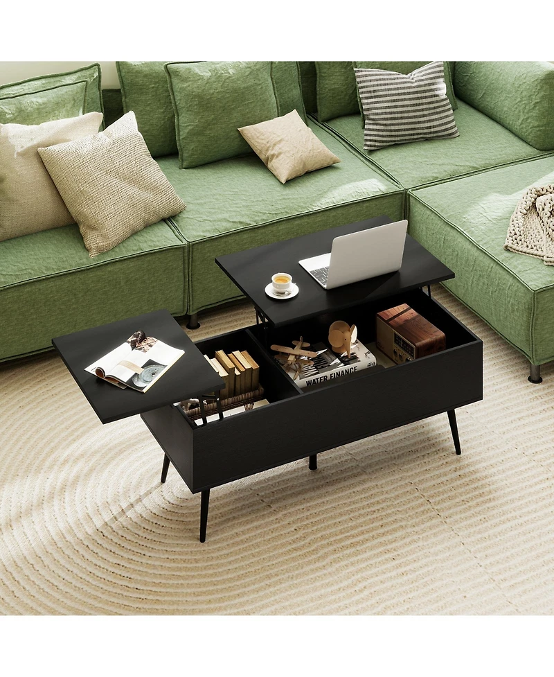 Gymax Lift Top Coffee Table/ Split Top and 2 Hidden Compartments Tapered Metal Legs