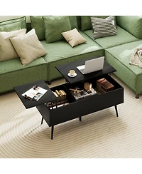 Gymax Lift Top Coffee Table/ Split Top and 2 Hidden Compartments Tapered Metal Legs