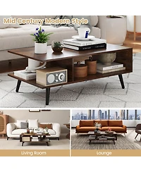 Gymax 2-Tier Coffee Table w/ Compartments and Metal Legs Rectangle Tea Cocktail