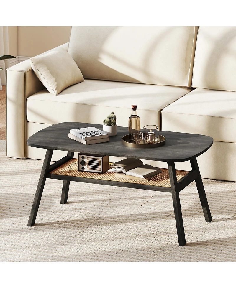 Gymax 2-Tier Coffee Table / Rattan Storage Shelf and Rubber Wood Legs for Living Room