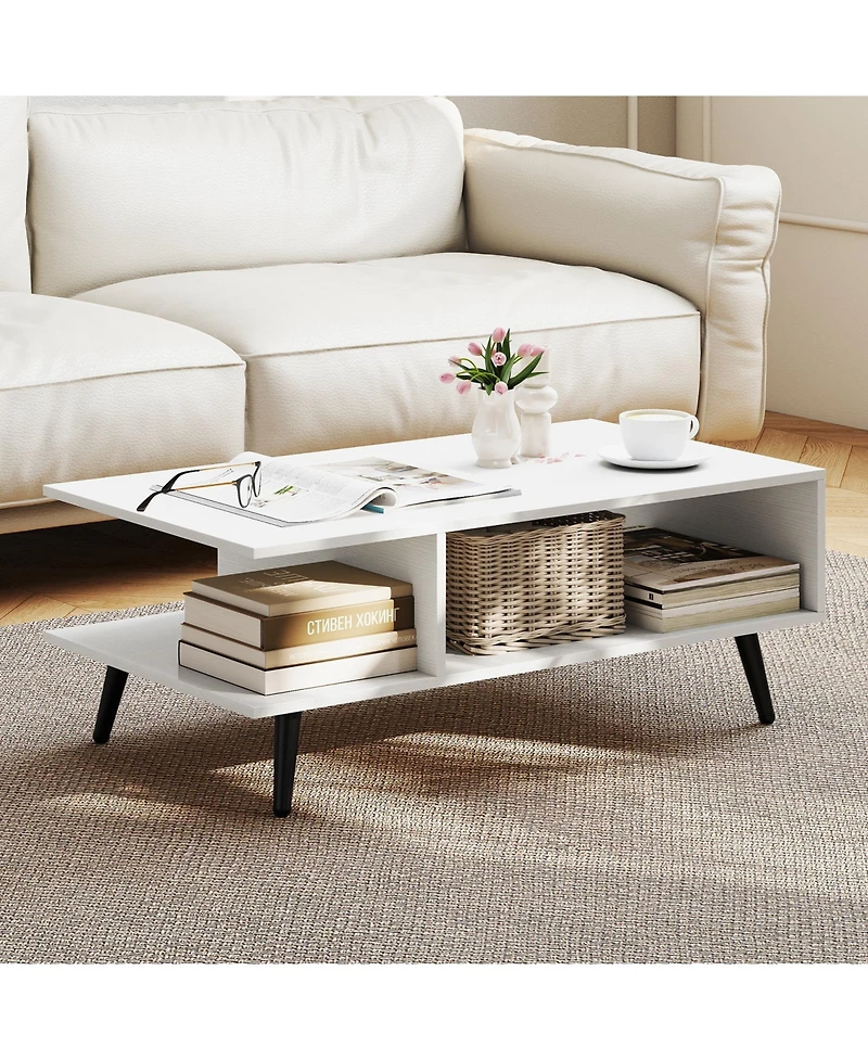 Gymax 2-Tier Coffee Table w/ Compartments and Metal Legs Rectangle Tea Cocktail Table