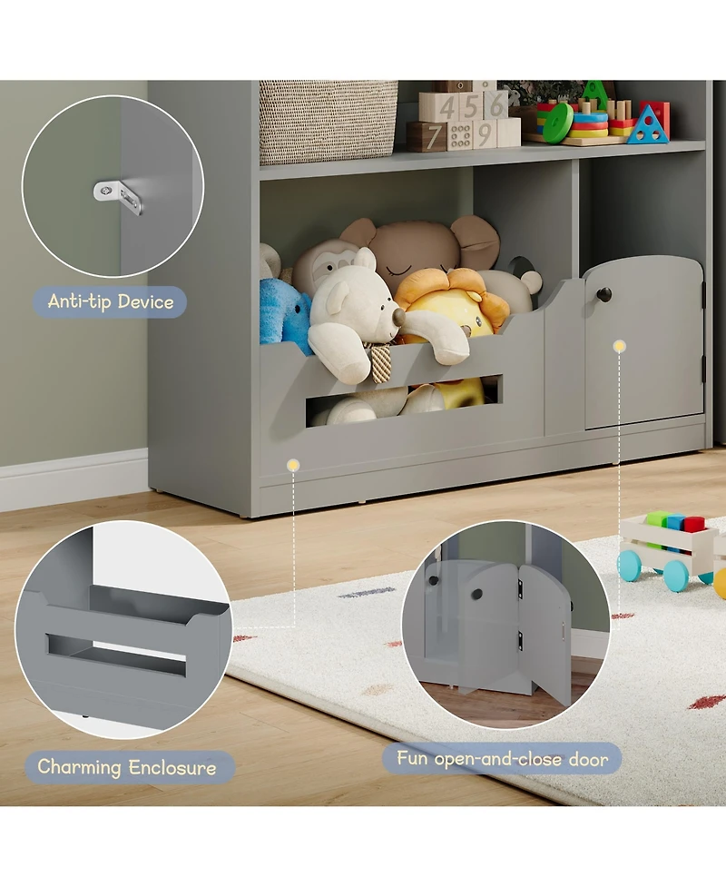 homfan 3-Tier Kids Bookshelf and Toy Storage with Toy Storage and Motion Sensor Light, 36.6" Wide Wooden Bookcase for Nursery, Playroom and Bedroom