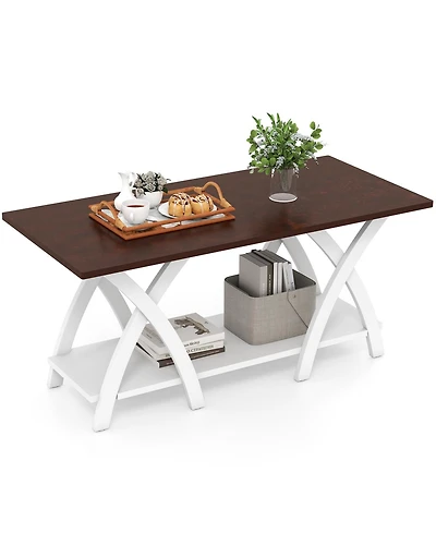 Gymax 2-Tier Coffee Table w/Storage Shelf and X-shaped Legs for Living Room Bedroom