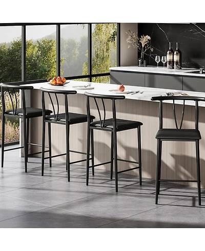 homfan Modern Counter Height Bar Stools Set of 4 - 25 Inch Pu Leather Upholstered Dining Chairs with Backrest and Footrest - Ergonomic Metal Frame