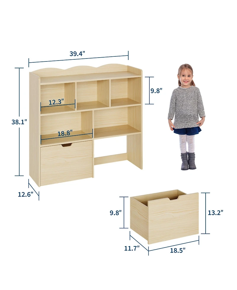 homfan Multifunctional Toy Storage Organizer, Kids Bookshelf with 5 Cubbies and 2 Drawers, Chest for Playroom, Bedroom, Hallway, Classroom