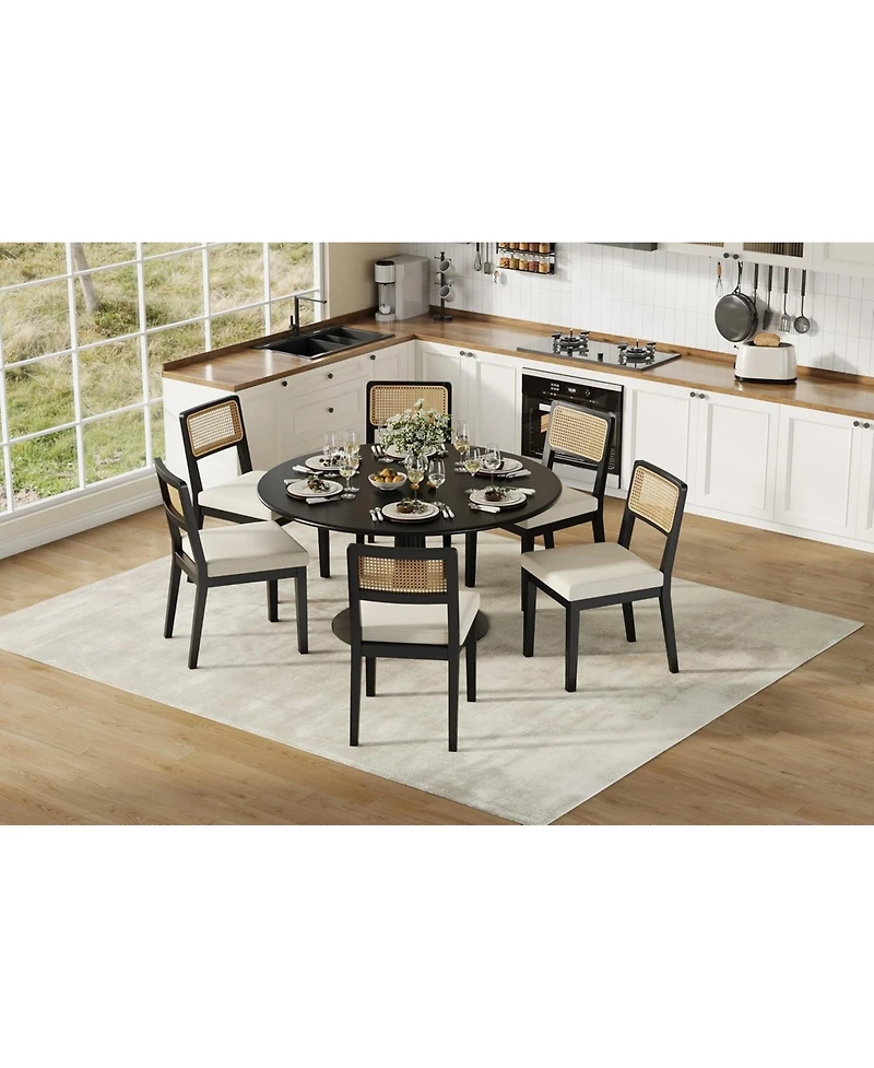 homfan Modern Armless Rattan Dining Chairs, Upholstered Linen Seat, Sturdy Wood Frame, Breathable Backrest - Ideal for Kitchen, Room