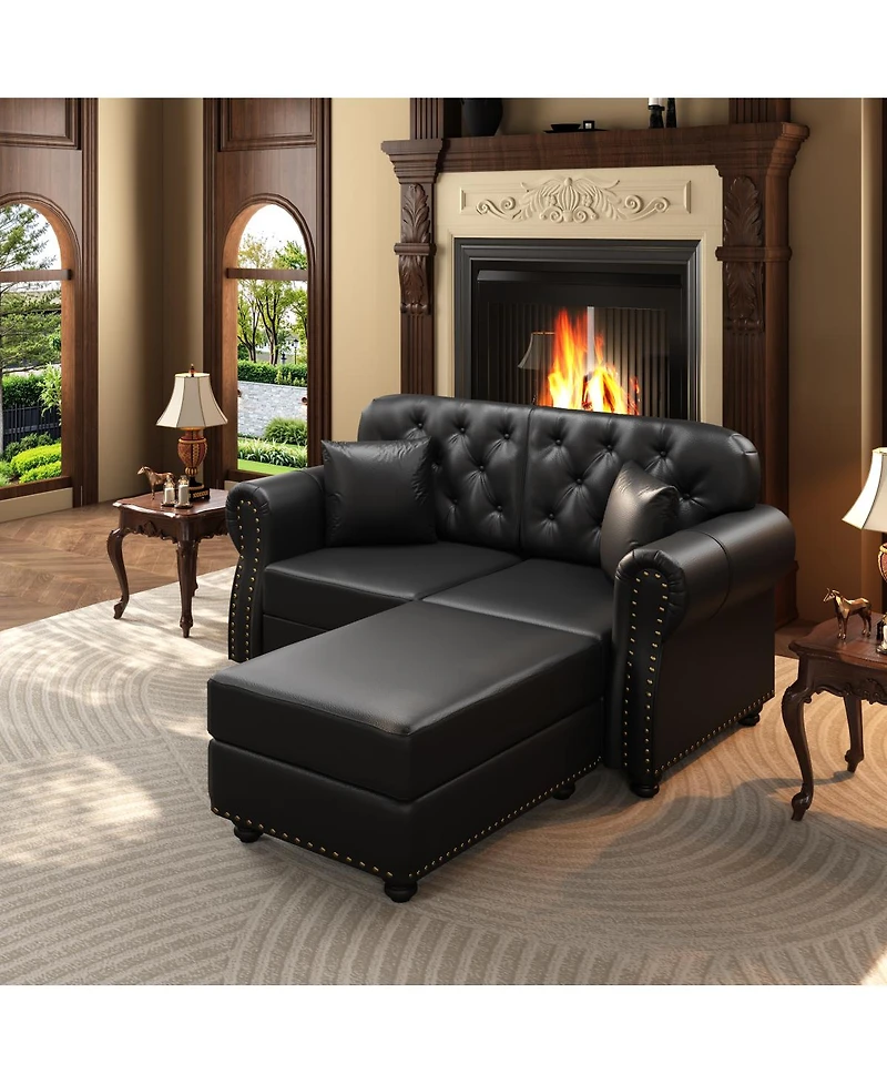 Streamdale Furniture Faux Leather Chesterfield Sofa with Nailhead Trim and 2 Pillows
