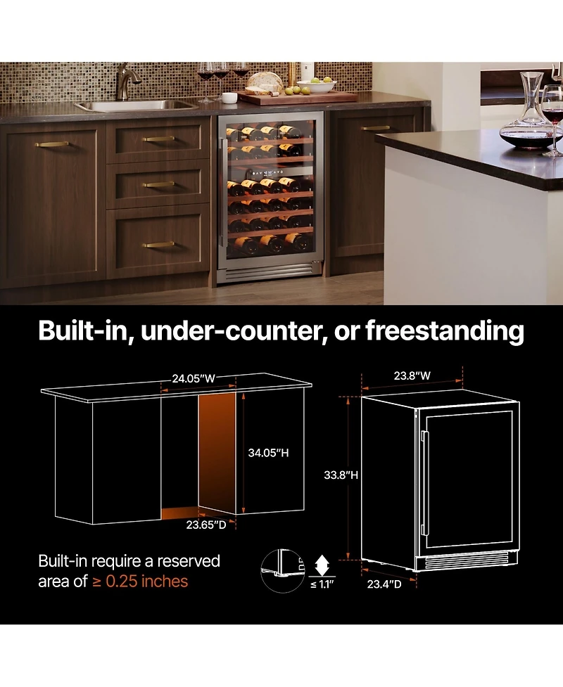Ca'Lefort 24 Inch 52 Bottle Wine Cooler Refrigerator, 40-65degree(s)F Dual Zone Wine Refrigerator,3 Led Built-in for Home(5.65 cu.ft)
