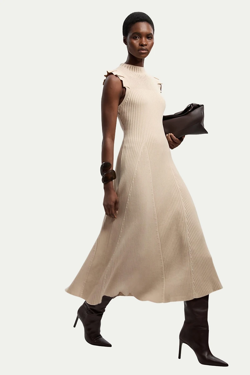 Karen Millen Women's Pointelle Frill Sleeve Knit Midi Dress