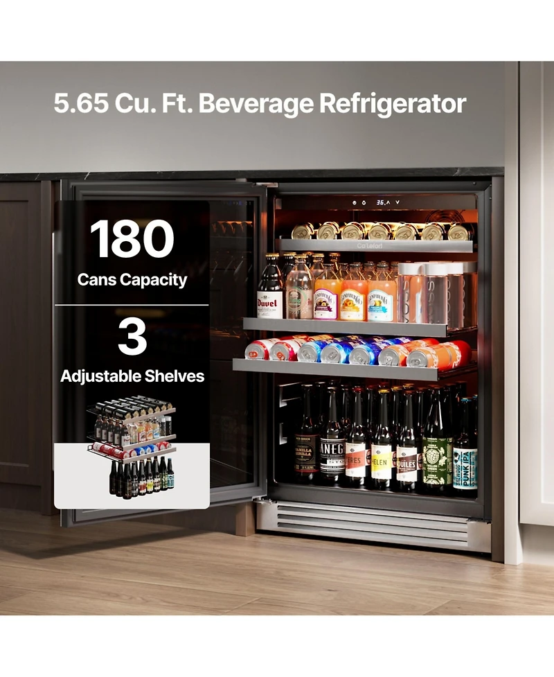 Ca'Lefort 24 inch Beverage Refrigerator cooler, 180 Cans, 34degree(s)F-54degree(s)F, Glass Door, 3LED, Built-In/Freestanding, 5.65 cu. ft.