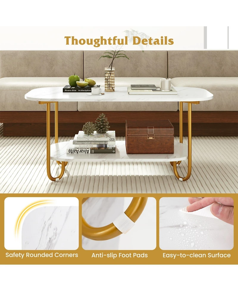 Gymax Faux Marble Top Coffee Table w/Metal Frame Rounded Corners and Storage Shelf