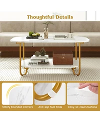 Gymax Faux Marble Top Coffee Table w/Metal Frame Rounded Corners and Storage Shelf