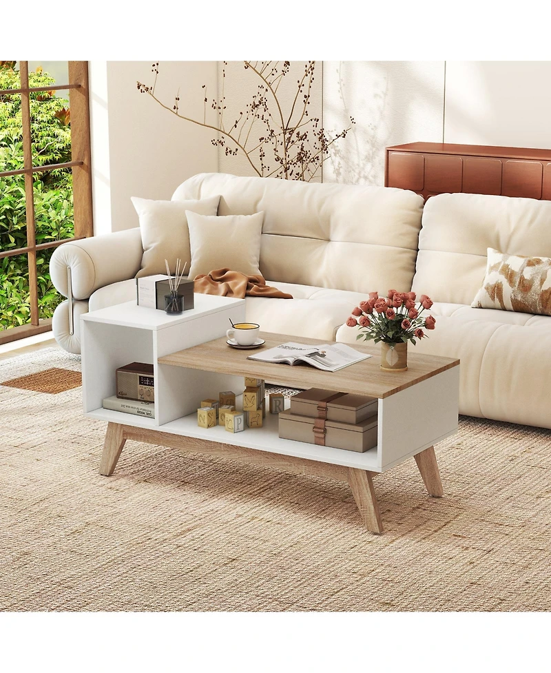 Gymax Coffee Table 43'' Center Table w/ Stepped Tabletop and Storage Compartments