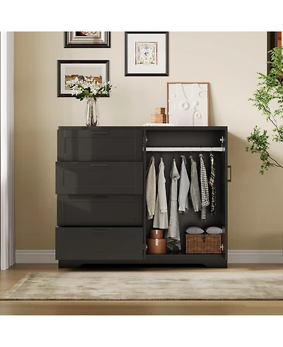 homfan Multifunctional Wooden Dresser for Bedroom, 43.3'' H 2 Door Wardrobe Armoire Closet with 4 Drawers and Hanging Rod, Storage Cabinet