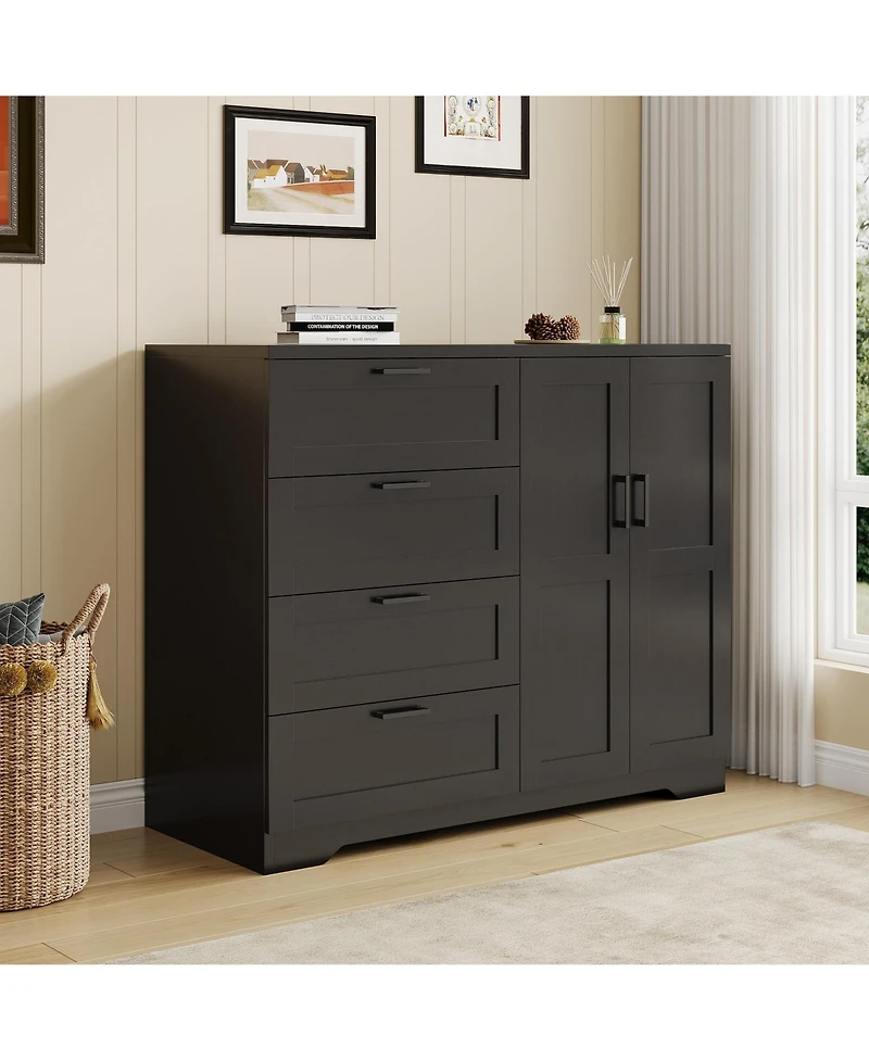 homfan Multifunctional Wooden Dresser for Bedroom, 43.3'' H 2 Door Wardrobe Armoire Closet with 4 Drawers and Hanging Rod, Storage Cabinet