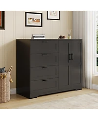 homfan Multifunctional Wooden Dresser for Bedroom, 43.3'' H 2 Door Wardrobe Armoire Closet with 4 Drawers and Hanging Rod, Storage Cabinet